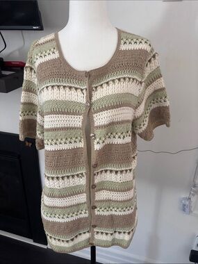 Vintage Traditions Crocheted Short-Sleeve Cardigan Sweater in Sage, Cream & Taup